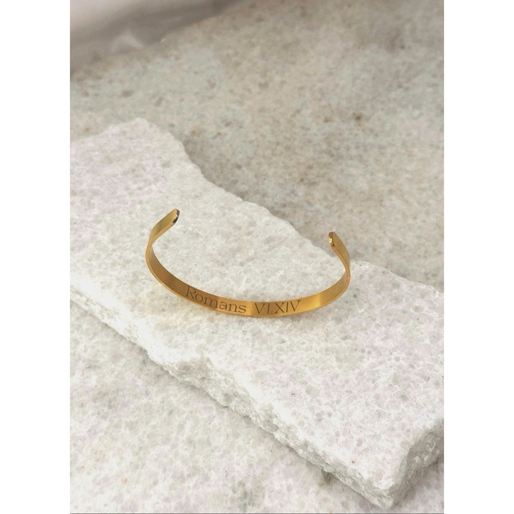 NOMA 18K Gold PVD Romans 6:14 Engraved Cuff Bracelet Christian Bible Jewelry